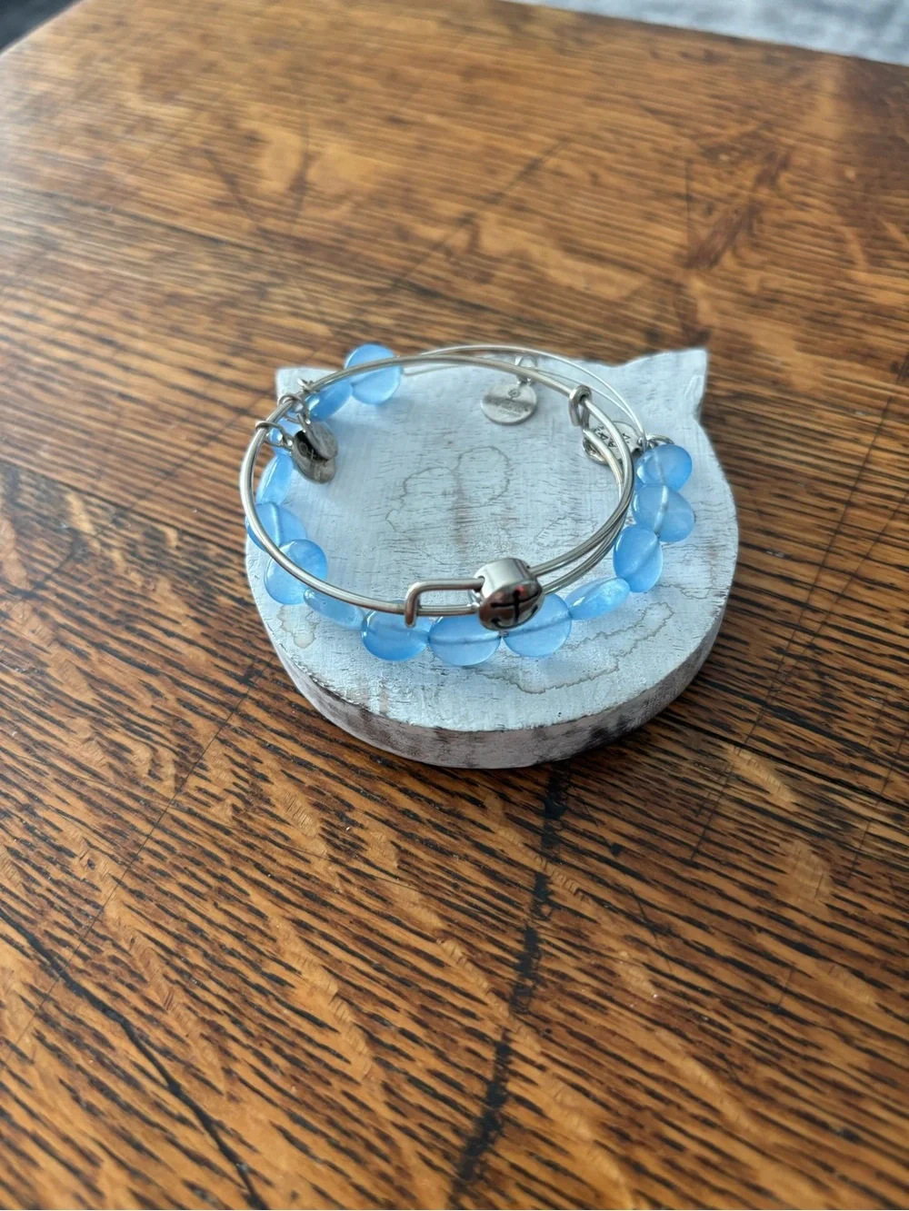 Silver Bangle Bracelet Set Anchor Aquamarine Beads Alex and Ani